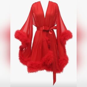 Red Feather Trim Satin Robe - Women Intimates & Sleepwear